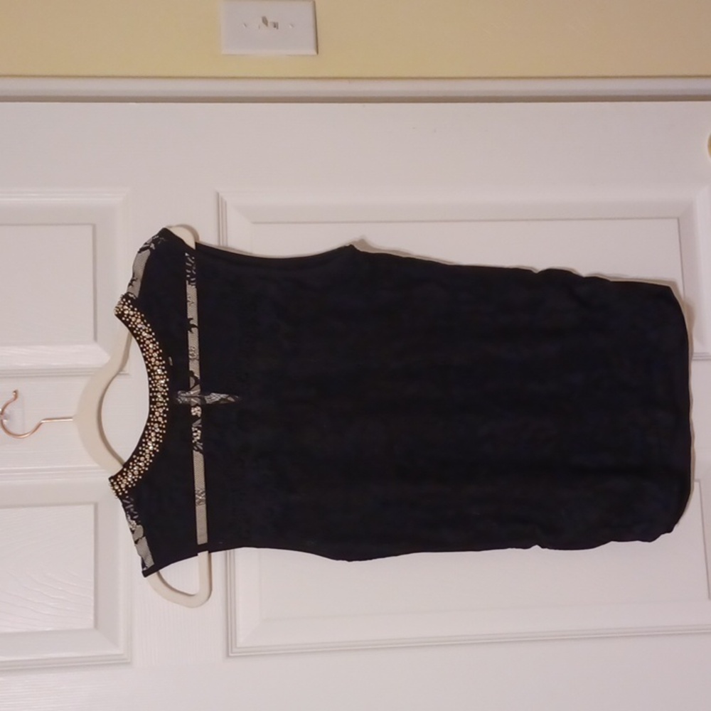 Re-order, sz L, black lace sleeveless blouse with rhinestone neckline